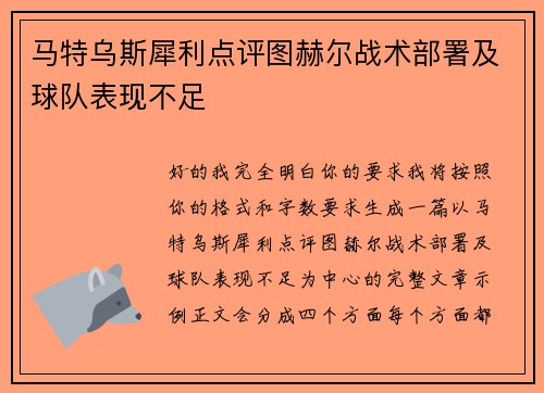 马特乌斯犀利点评图赫尔战术部署及球队表现不足
